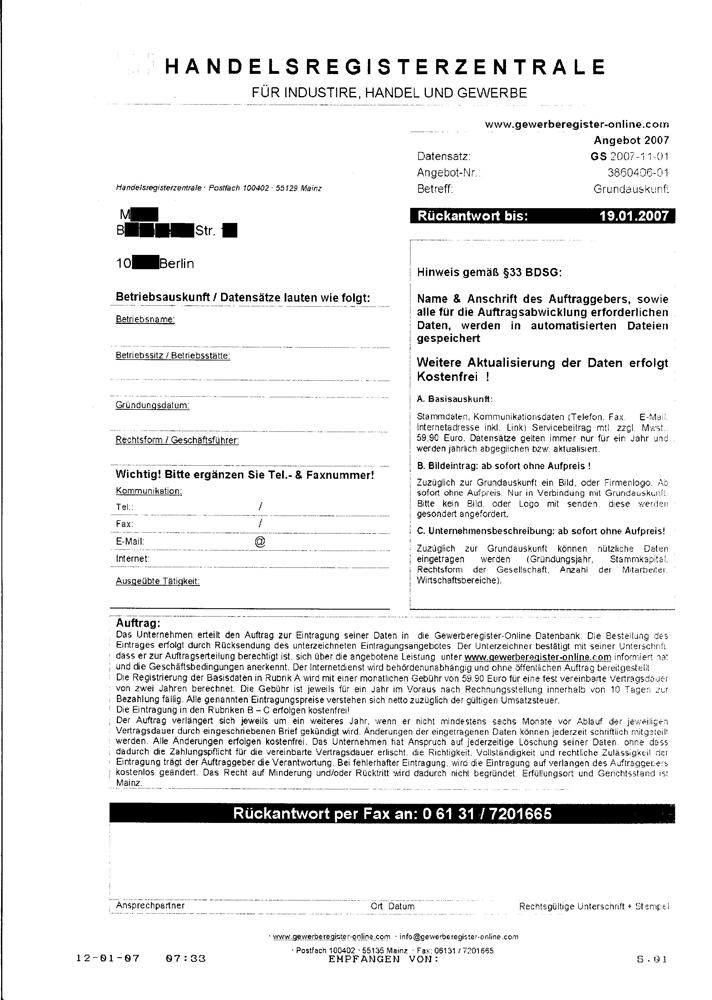 Werbefax "Handelsregisterzentrale"