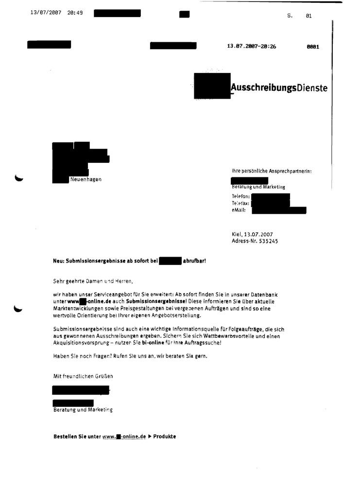 Werbefax für Ausschreibungsinfornationen Werbefax für Ausschreibungsinfornationen