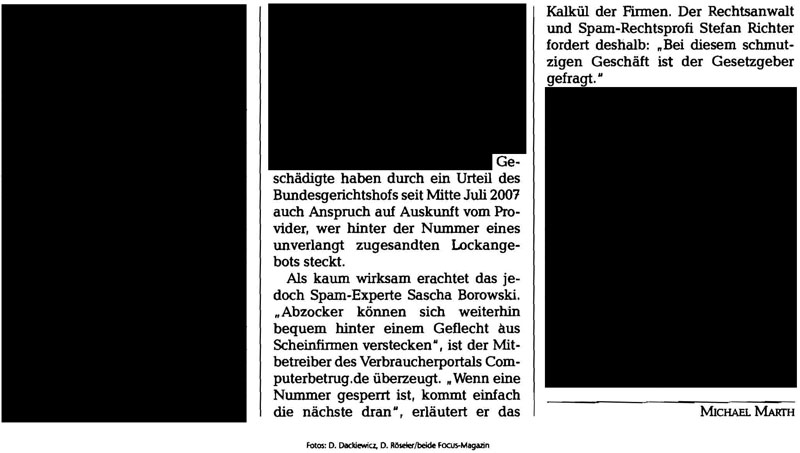 FOCUS Artikel "Authentische Lockanrufe" in Ausgabe 27 aus 2008 vom 30.06.2008