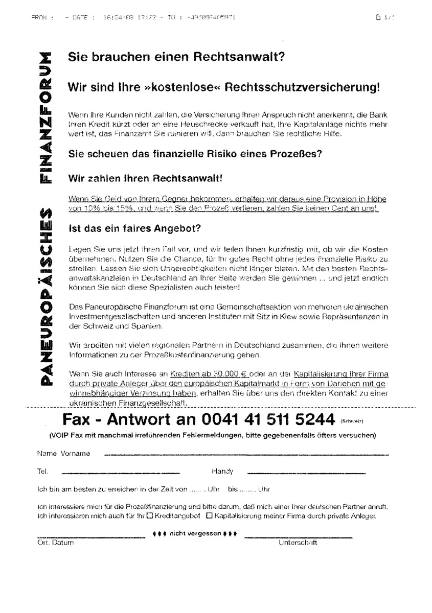 Werbefax des dubiosen Paneuropäischen Finanzforum