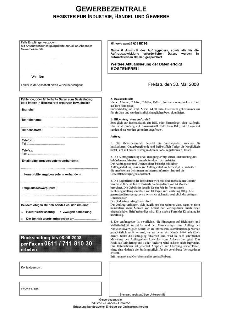 Werbefax "Gewerbezentrale Register für Industrie, Handel und Gewerbe"