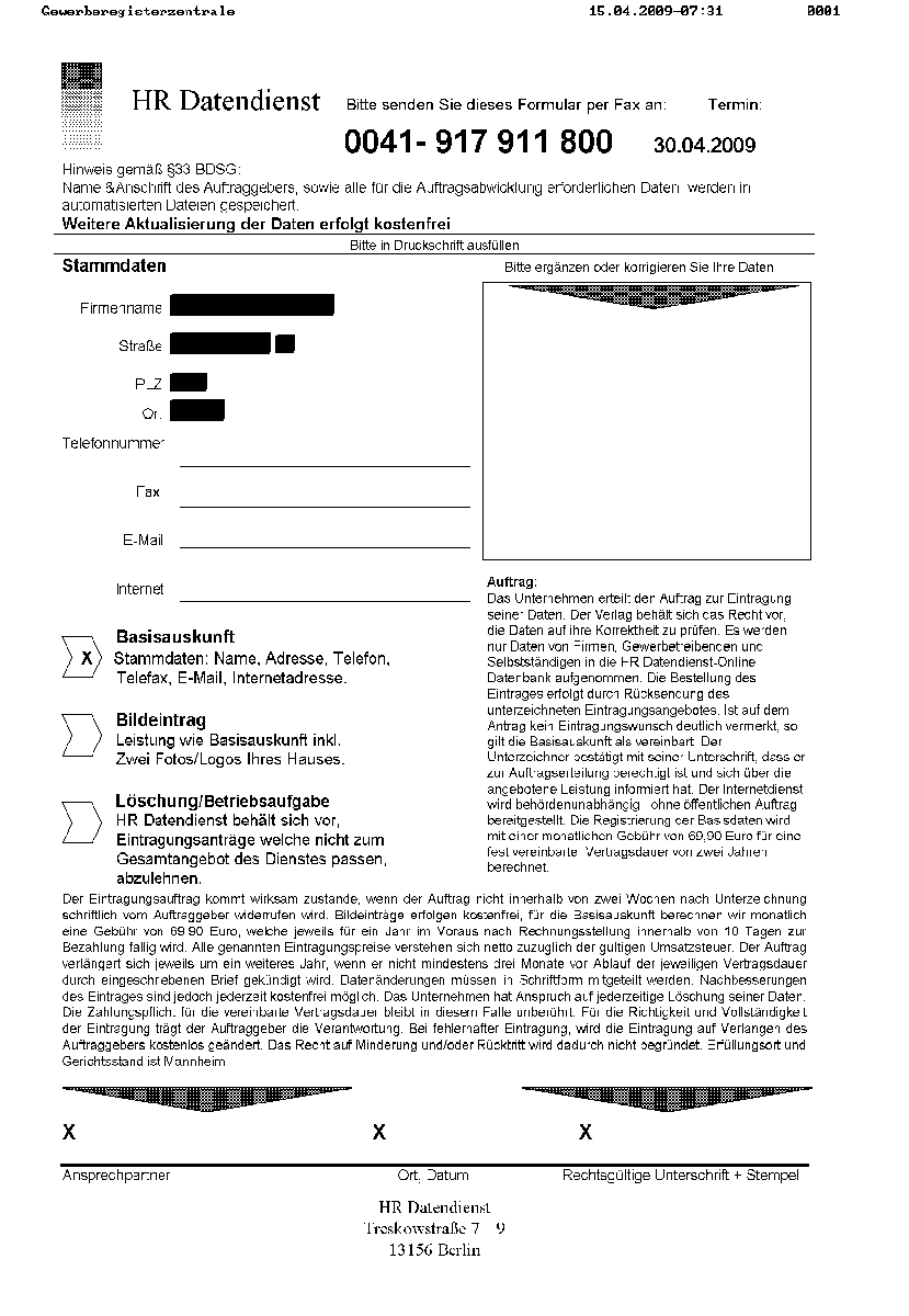 Werbefax "HR Datendienst"