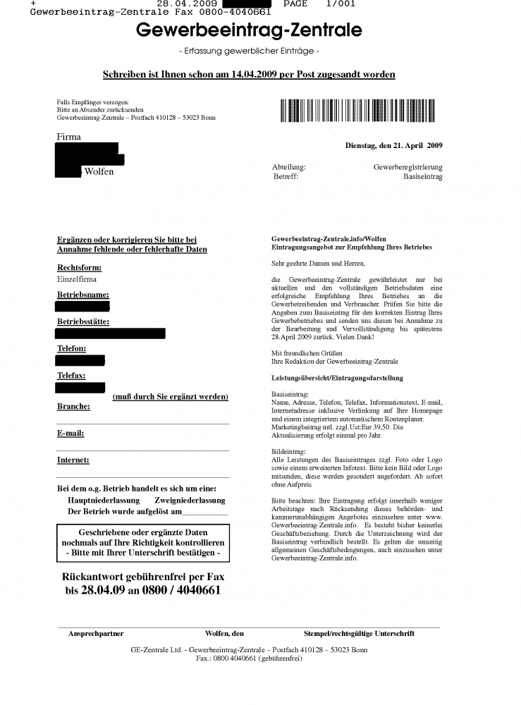 Werbefax GE-Zentrale Werbefax GE-Zentrale