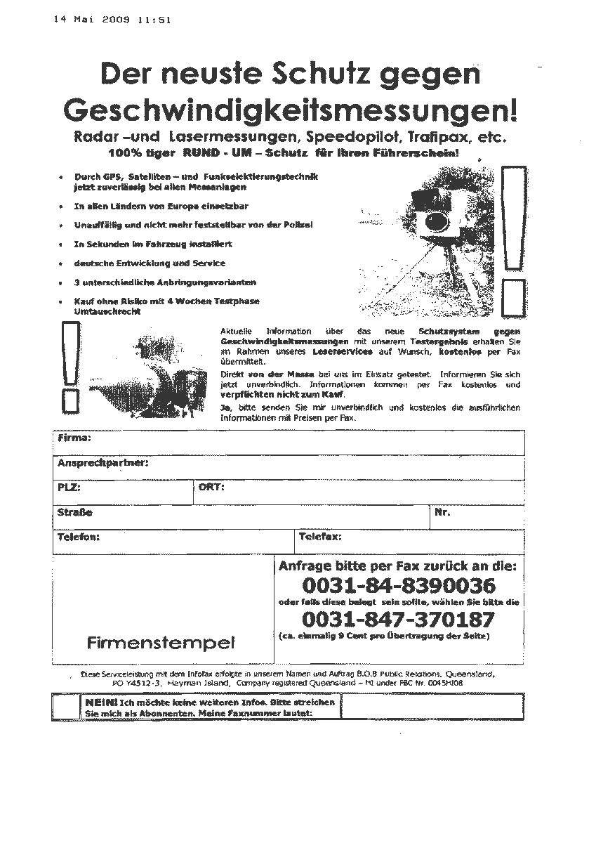 Werbefax für Radarwarner angeblich von Werbefax für Radarwarner angeblich von
