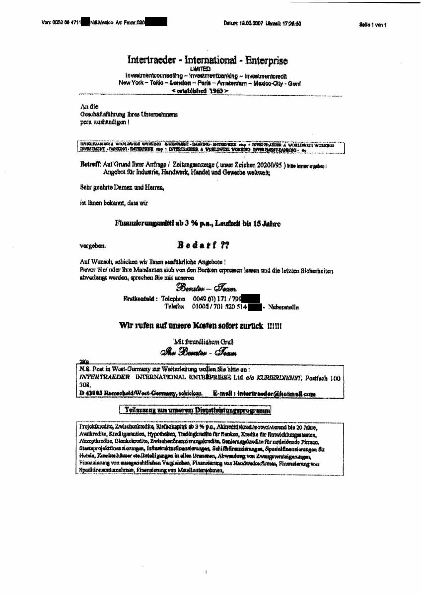 Werbefax Intertraeder International Enterprise Ltd. für Kreditangebote Werbefax Intertraeder International Enterprise Ltd. für Kreditangebote