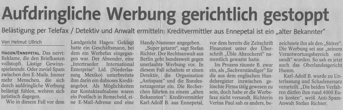 Westfalenpost aus Hagen vom 15.12.2009: "Aufdringliche Werbung gerichtlich gestoppt"
