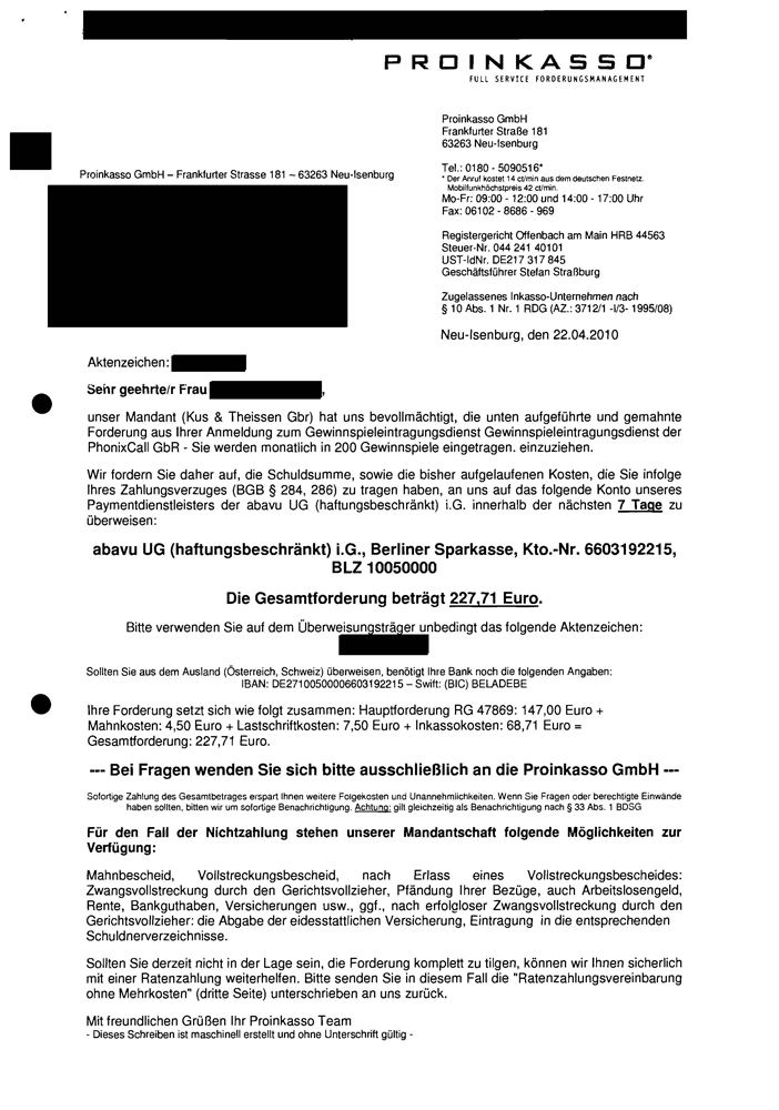 10_00063_Proinkasso_GmbH_Inkassoforderung_Kus__Theissen_GbR_Seite_1 10_00063_Proinkasso_GmbH_Inkassoforderung_Kus__Theissen_GbR_Seite_1